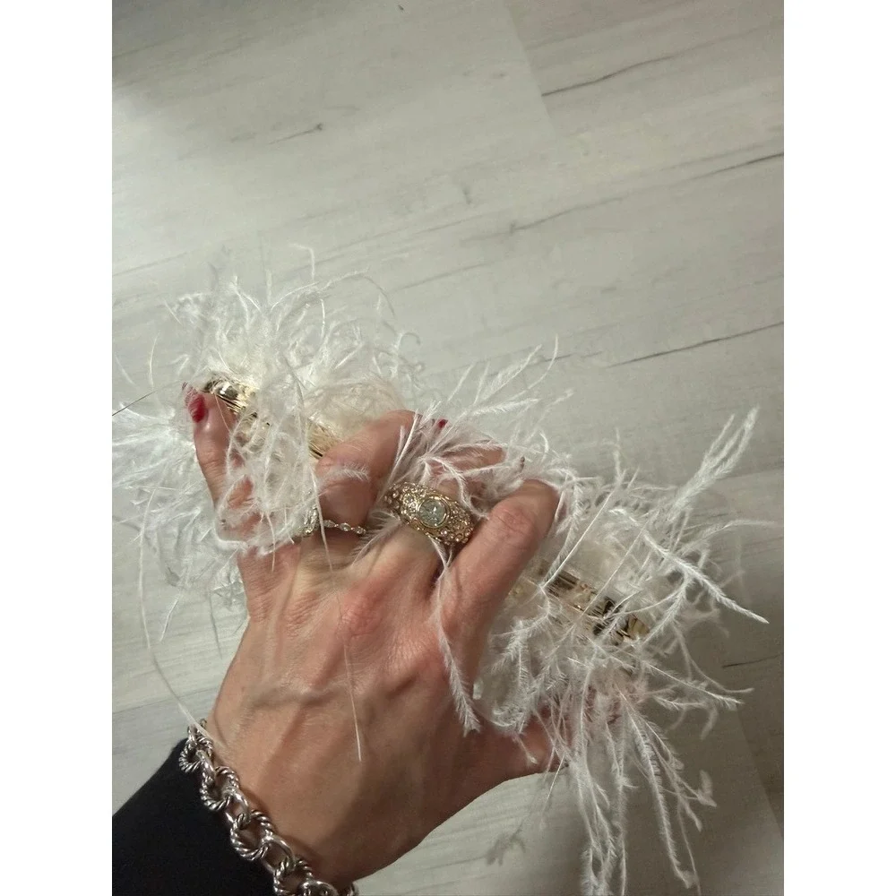 White Feather Clutch Bag Gold Rhinestone Ring Clasp Evening Bag